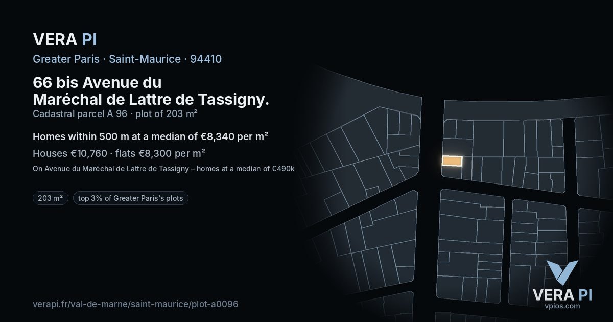 66 bis Avenue du Maréchal de Lattre de Tassigny, Saint-Maurice at night – the plot lit, the parcels around coloured by the prices near them