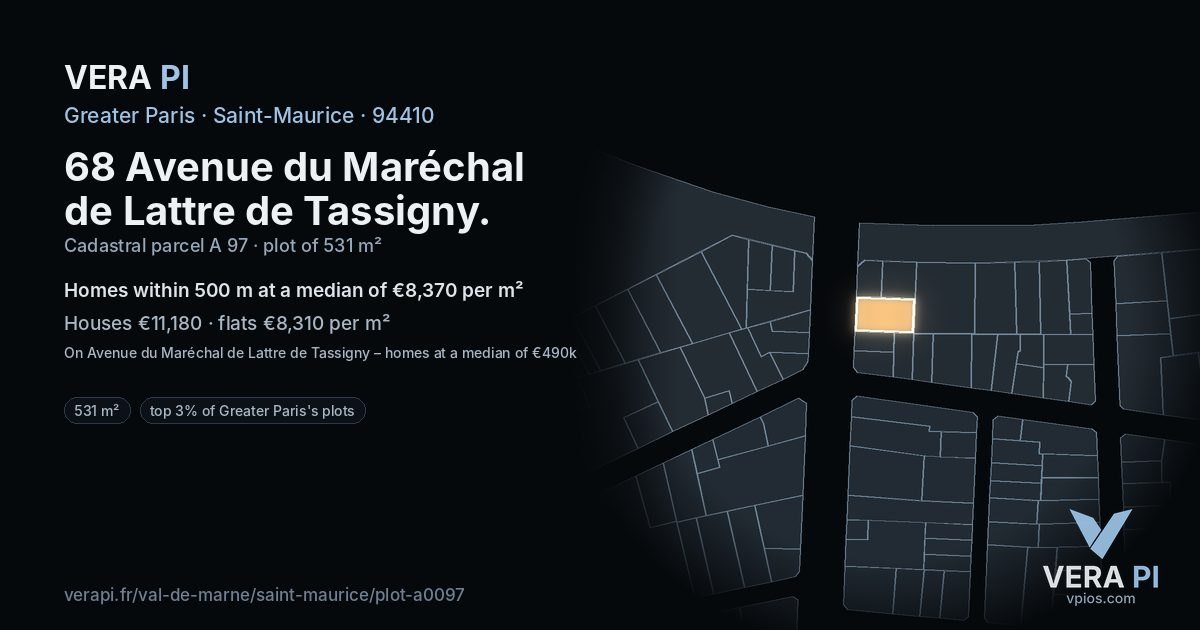 68 Avenue du Maréchal de Lattre de Tassigny, Saint-Maurice at night – the plot lit, the parcels around coloured by the prices near them