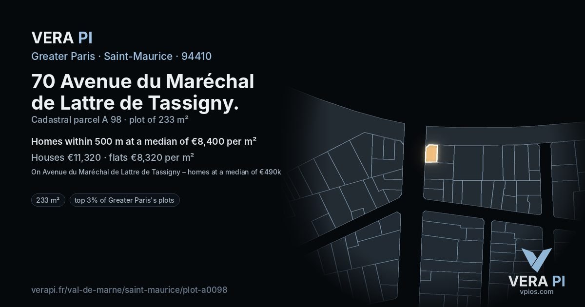 70 Avenue du Maréchal de Lattre de Tassigny, Saint-Maurice at night – the plot lit, the parcels around coloured by the prices near them