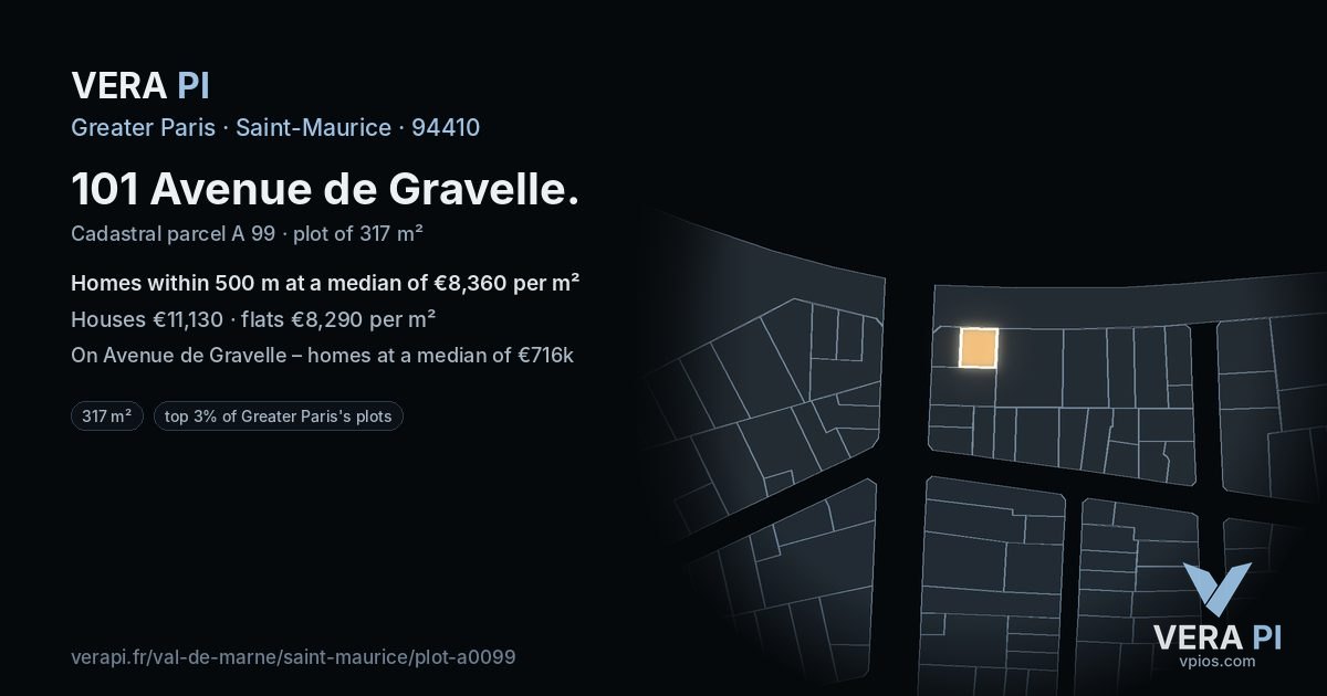 101 Avenue de Gravelle, Saint-Maurice at night – the plot lit, the parcels around coloured by the prices near them