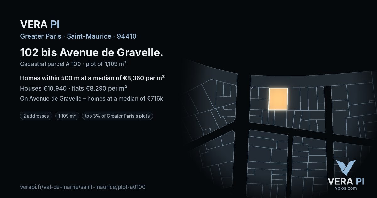 102 bis Avenue de Gravelle, Saint-Maurice at night – the plot lit, the parcels around coloured by the prices near them