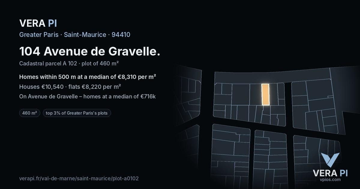 104 Avenue de Gravelle, Saint-Maurice at night – the plot lit, the parcels around coloured by the prices near them