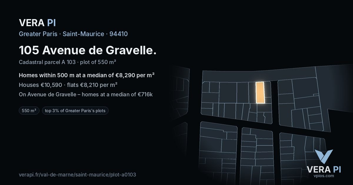 105 Avenue de Gravelle, Saint-Maurice at night – the plot lit, the parcels around coloured by the prices near them