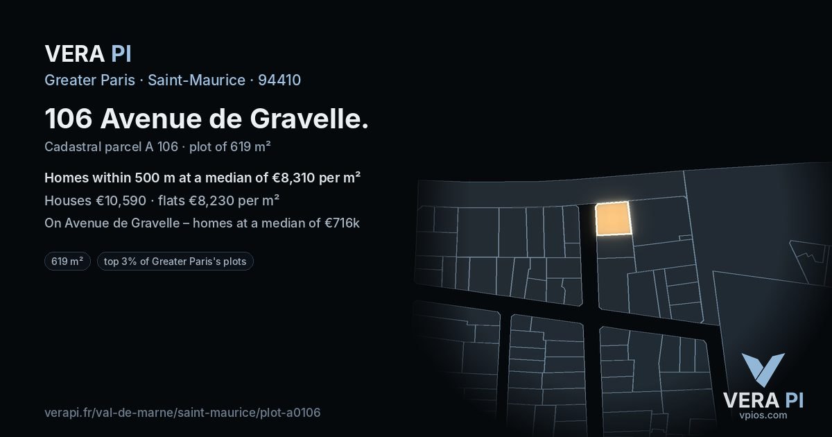 106 Avenue de Gravelle, Saint-Maurice at night – the plot lit, the parcels around coloured by the prices near them