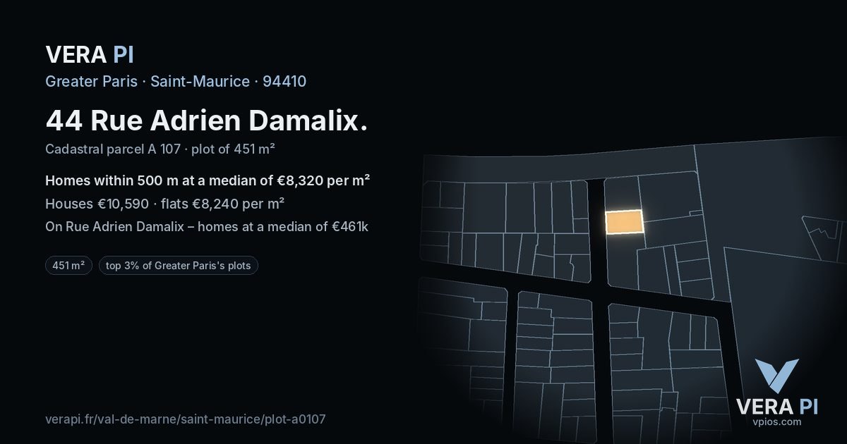 44 Rue Adrien Damalix, Saint-Maurice at night – the plot lit, the parcels around coloured by the prices near them