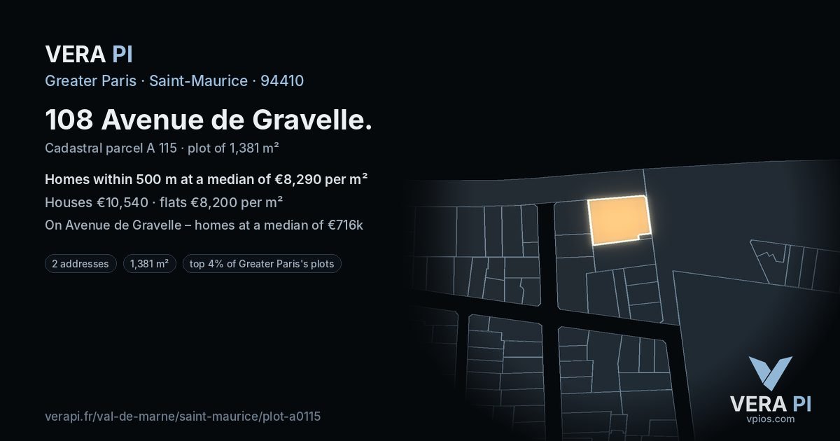 108 Avenue de Gravelle, Saint-Maurice at night – the plot lit, the parcels around coloured by the prices near them