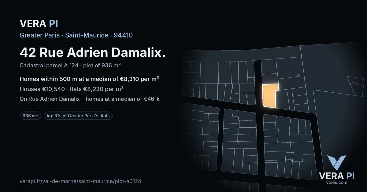 42 Rue Adrien Damalix, Saint-Maurice at night – the plot lit, the parcels around coloured by the prices near them
