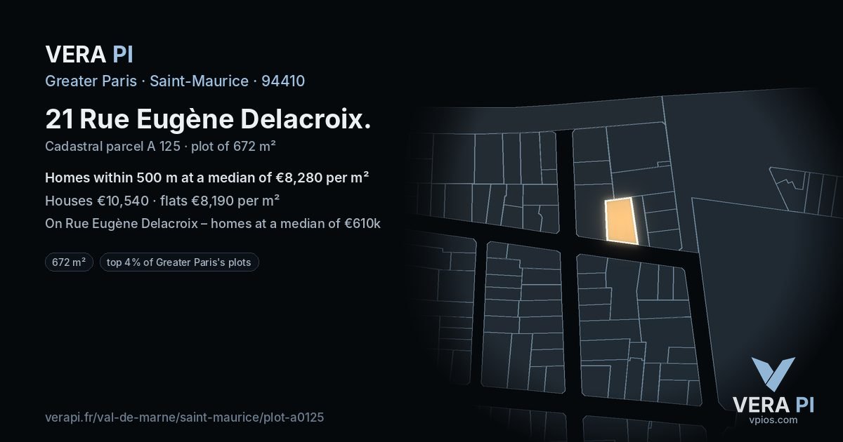 21 Rue Eugène Delacroix, Saint-Maurice at night – the plot lit, the parcels around coloured by the prices near them