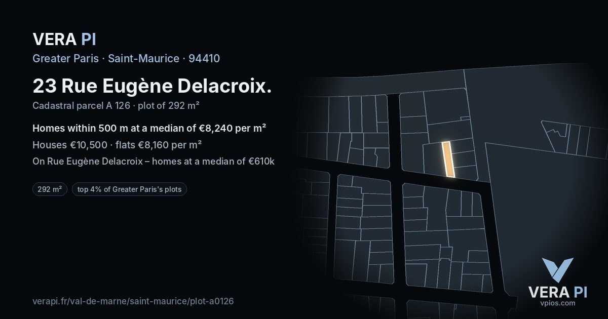 23 Rue Eugène Delacroix, Saint-Maurice at night – the plot lit, the parcels around coloured by the prices near them