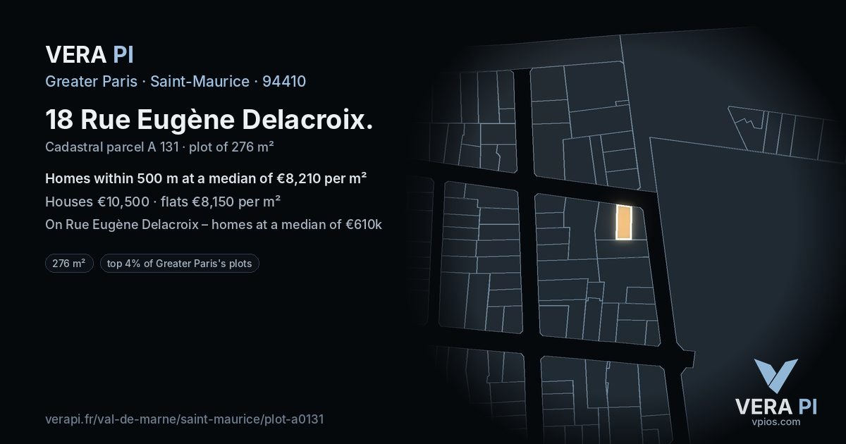 18 Rue Eugène Delacroix, Saint-Maurice at night – the plot lit, the parcels around coloured by the prices near them