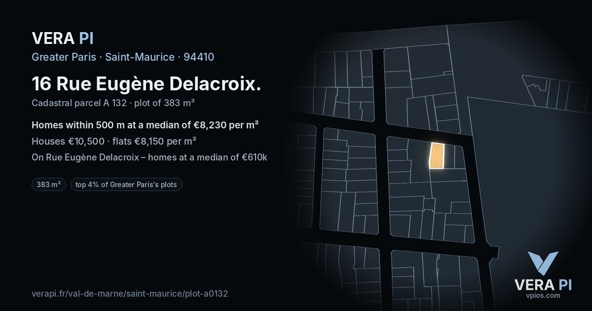 16 Rue Eugène Delacroix, Saint-Maurice at night – the plot lit, the parcels around coloured by the prices near them