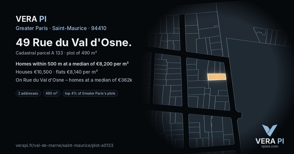 49 Rue du Val d'Osne, Saint-Maurice at night – the plot lit, the parcels around coloured by the prices near them