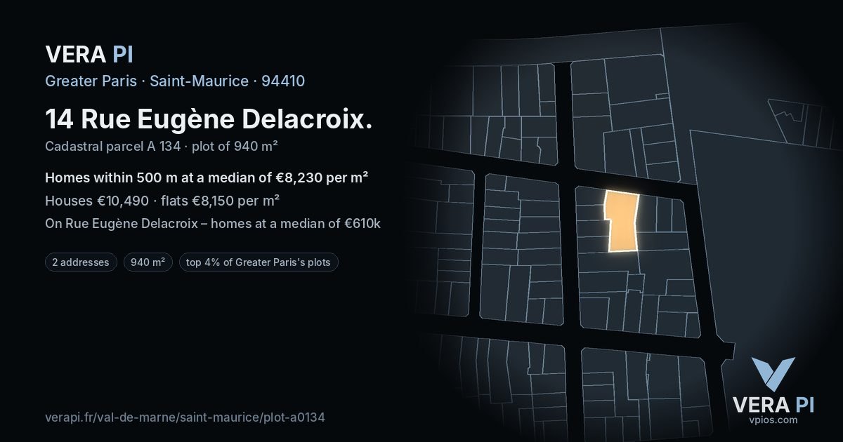 14 Rue Eugène Delacroix, Saint-Maurice at night – the plot lit, the parcels around coloured by the prices near them