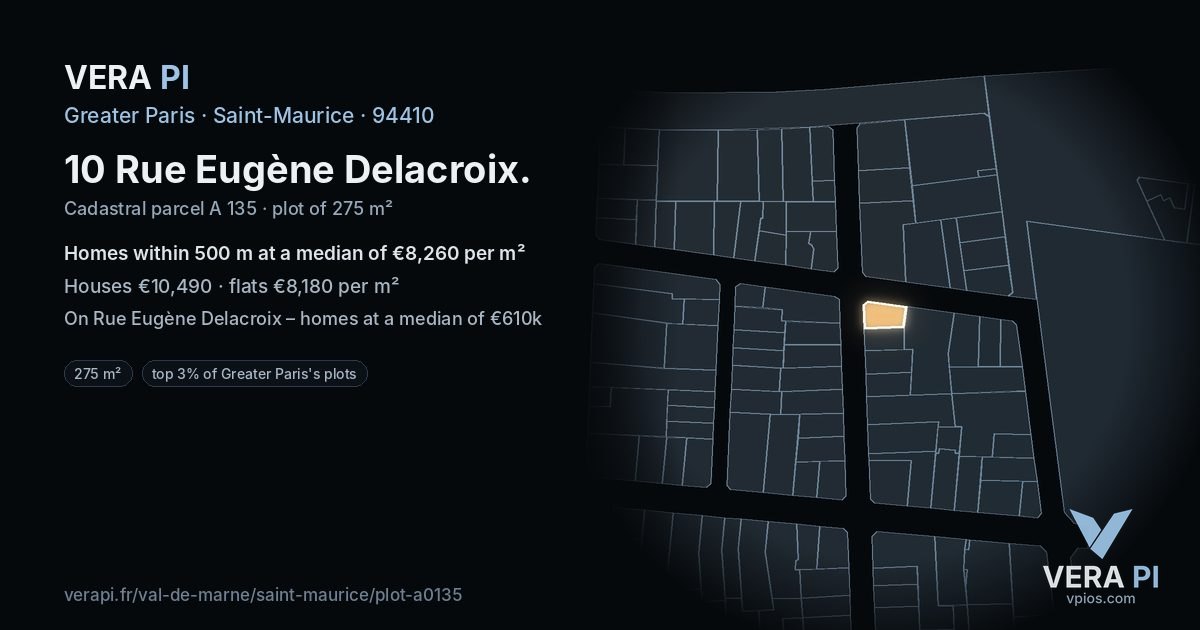 10 Rue Eugène Delacroix, Saint-Maurice at night – the plot lit, the parcels around coloured by the prices near them