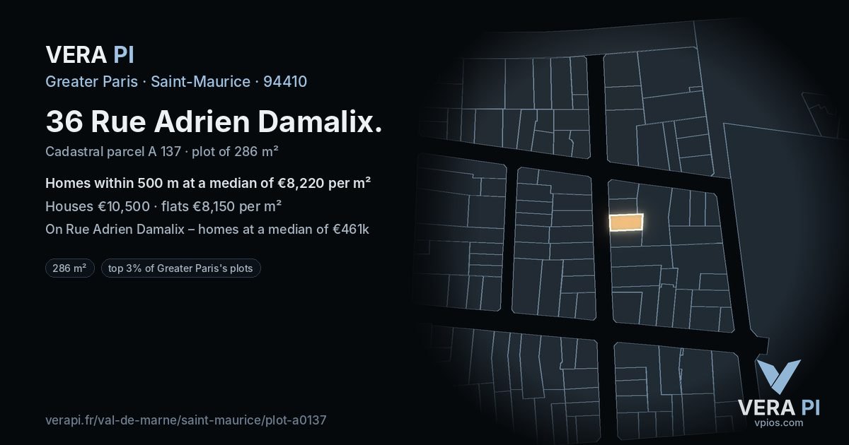 36 Rue Adrien Damalix, Saint-Maurice at night – the plot lit, the parcels around coloured by the prices near them