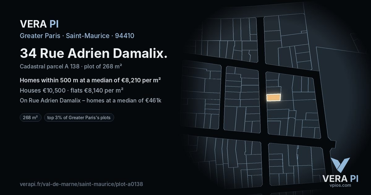 34 Rue Adrien Damalix, Saint-Maurice at night – the plot lit, the parcels around coloured by the prices near them
