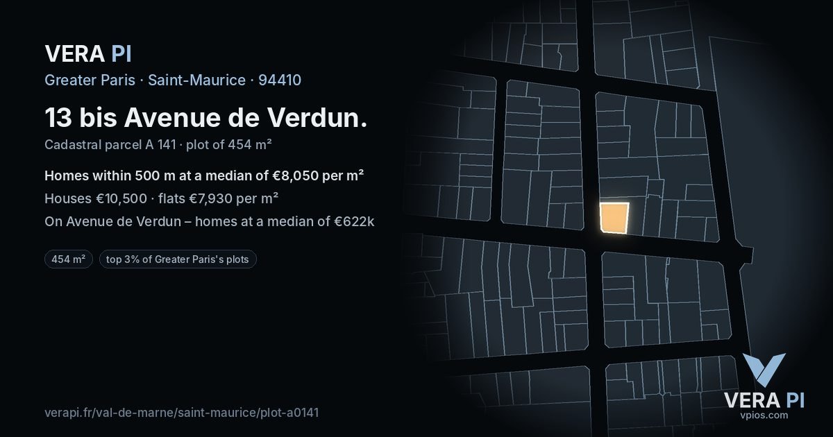 13 bis Avenue de Verdun, Saint-Maurice at night – the plot lit, the parcels around coloured by the prices near them