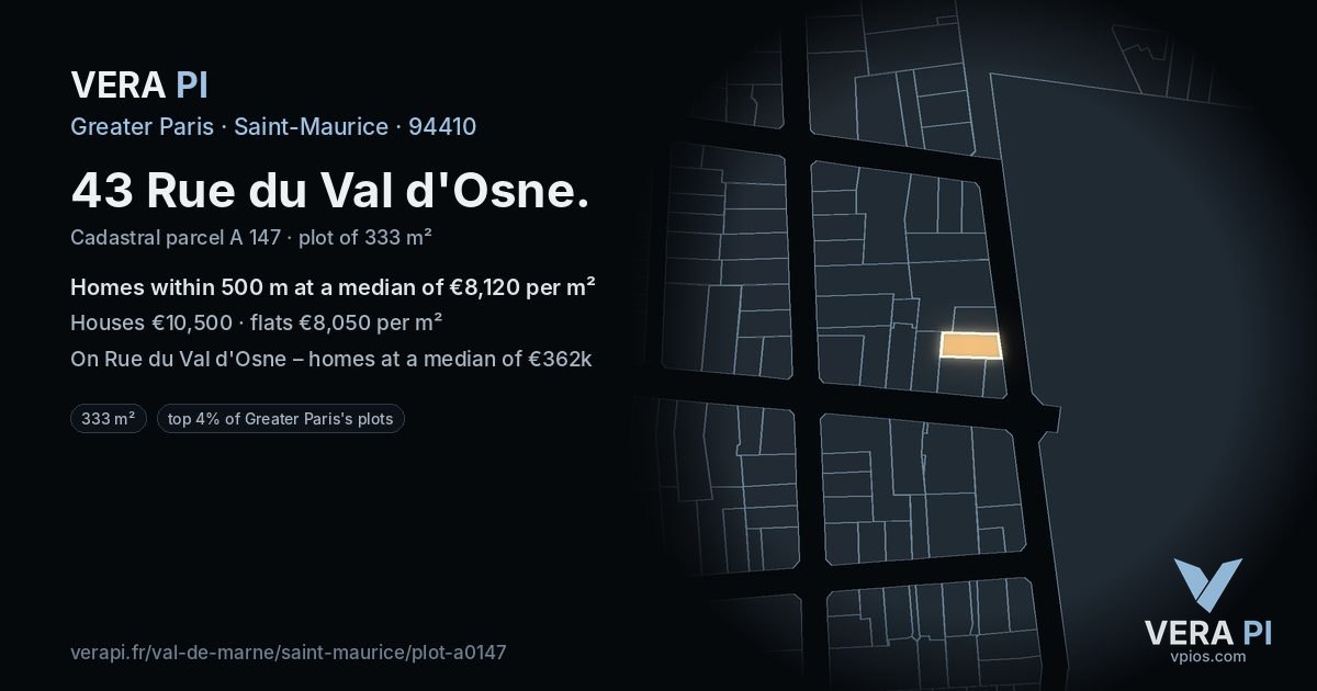 43 Rue du Val d'Osne, Saint-Maurice at night – the plot lit, the parcels around coloured by the prices near them