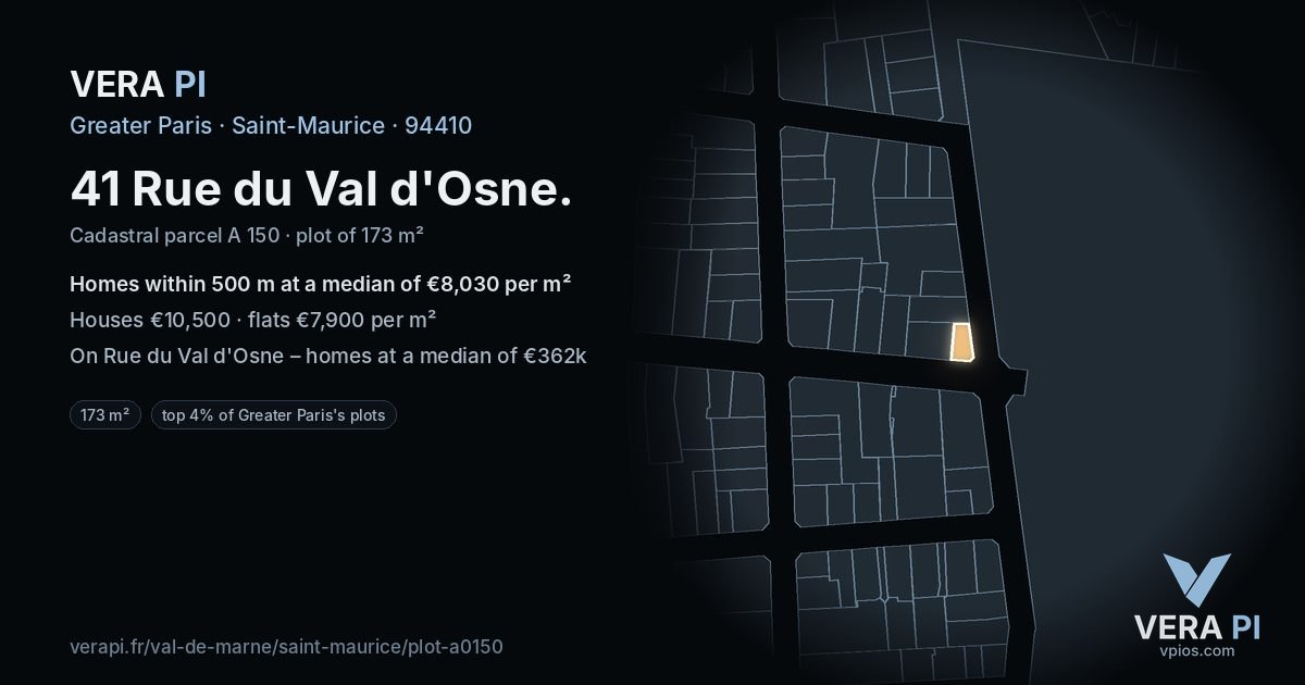 41 Rue du Val d'Osne, Saint-Maurice at night – the plot lit, the parcels around coloured by the prices near them