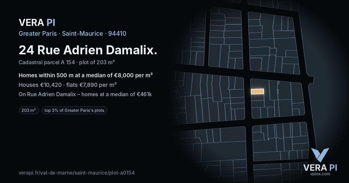 24 Rue Adrien Damalix, Saint-Maurice at night – the plot lit, the parcels around coloured by the prices near them
