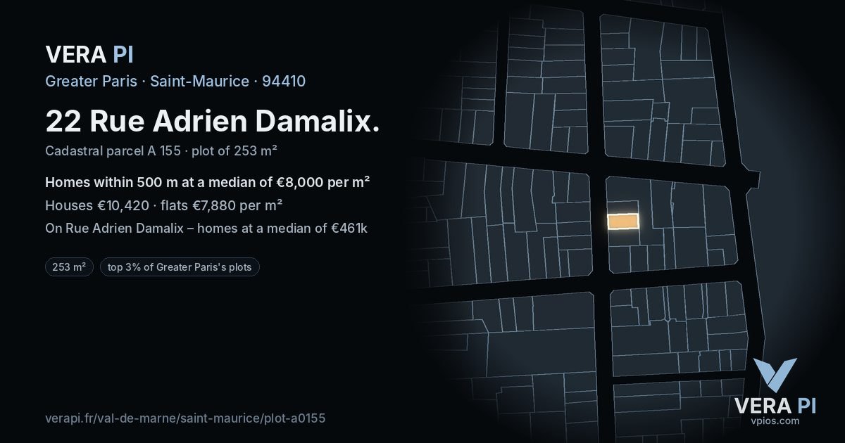 22 Rue Adrien Damalix, Saint-Maurice at night – the plot lit, the parcels around coloured by the prices near them