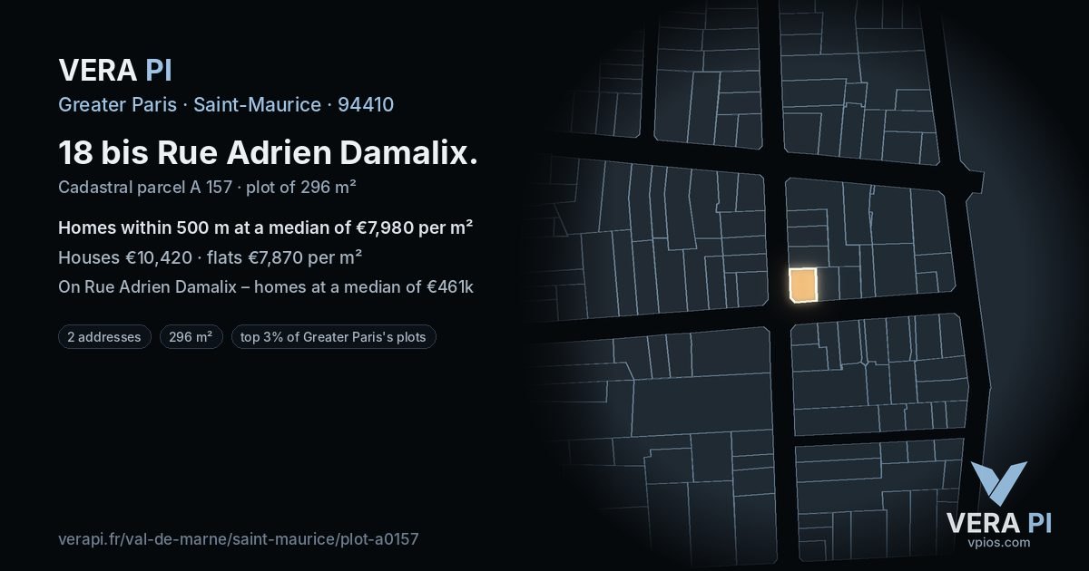 18 bis Rue Adrien Damalix, Saint-Maurice at night – the plot lit, the parcels around coloured by the prices near them