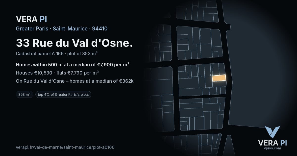 33 Rue du Val d'Osne, Saint-Maurice at night – the plot lit, the parcels around coloured by the prices near them