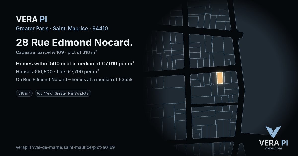 28 Rue Edmond Nocard, Saint-Maurice at night – the plot lit, the parcels around coloured by the prices near them