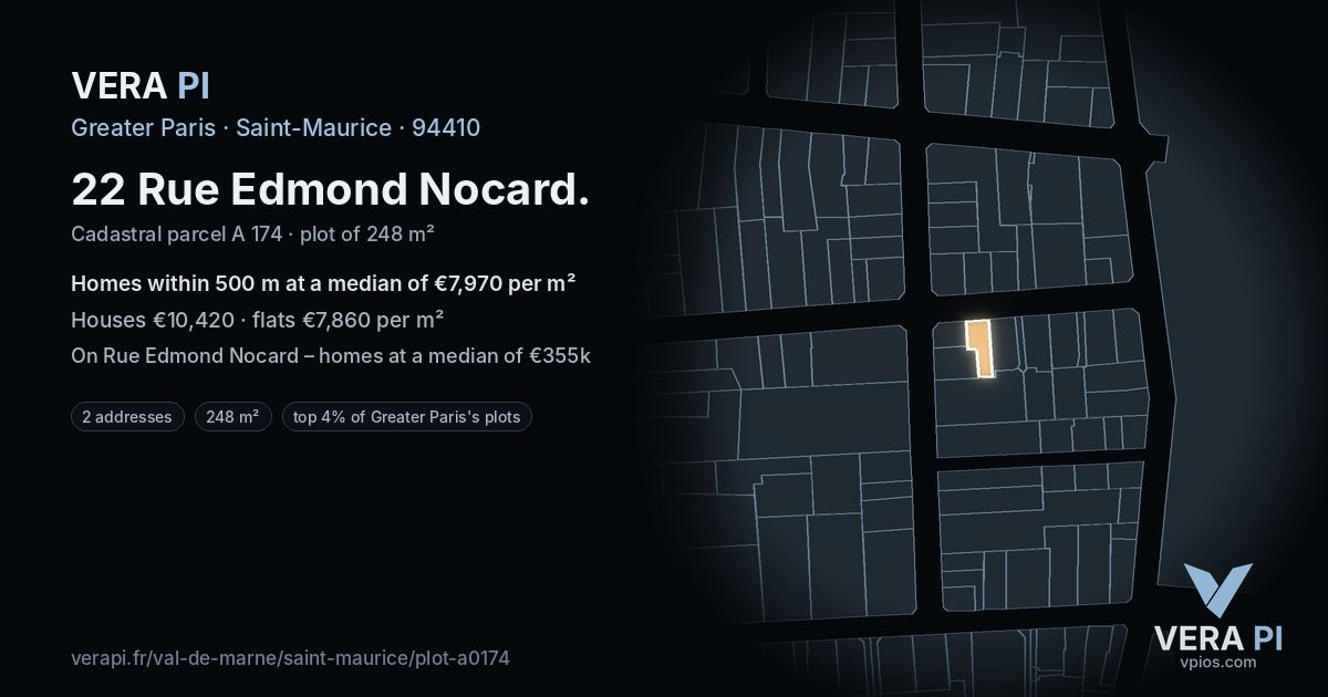 22 Rue Edmond Nocard, Saint-Maurice at night – the plot lit, the parcels around coloured by the prices near them