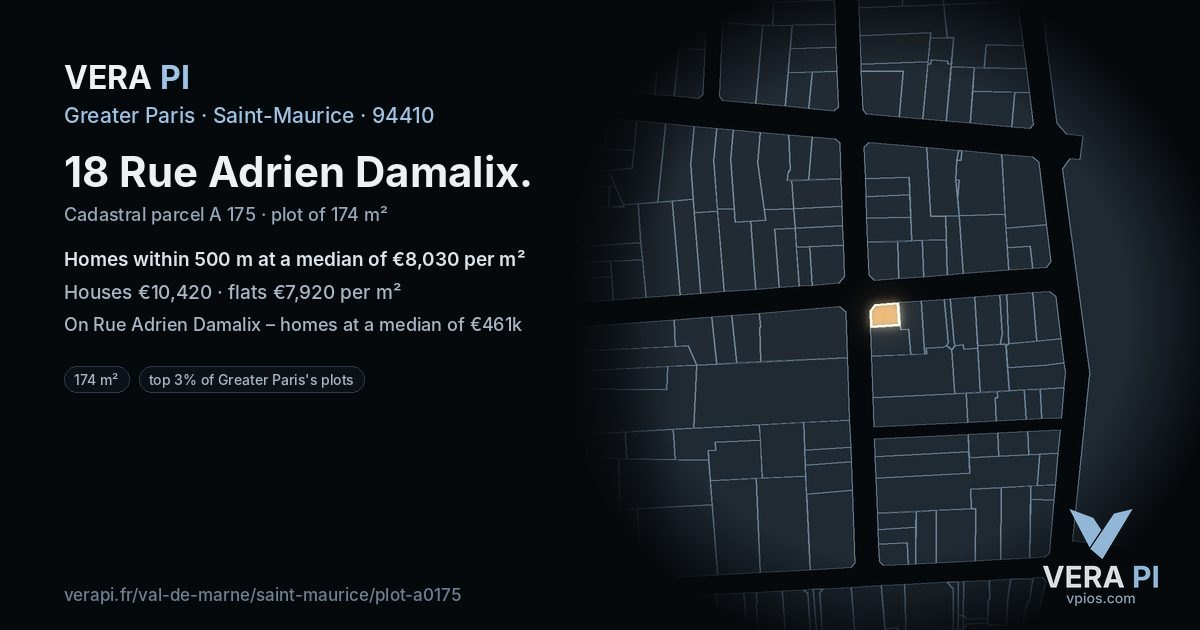 18 Rue Adrien Damalix, Saint-Maurice at night – the plot lit, the parcels around coloured by the prices near them
