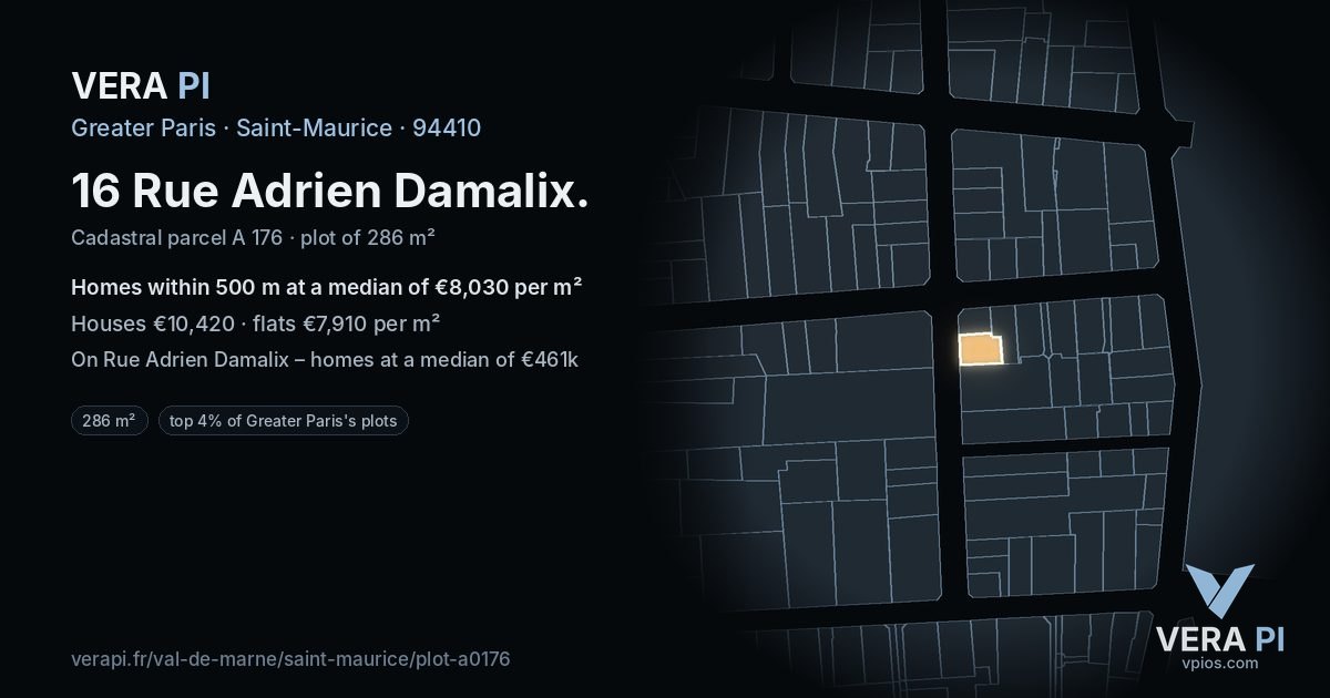 16 Rue Adrien Damalix, Saint-Maurice at night – the plot lit, the parcels around coloured by the prices near them
