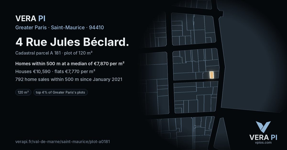 4 Rue Jules Béclard, Saint-Maurice at night – the plot lit, the parcels around coloured by the prices near them