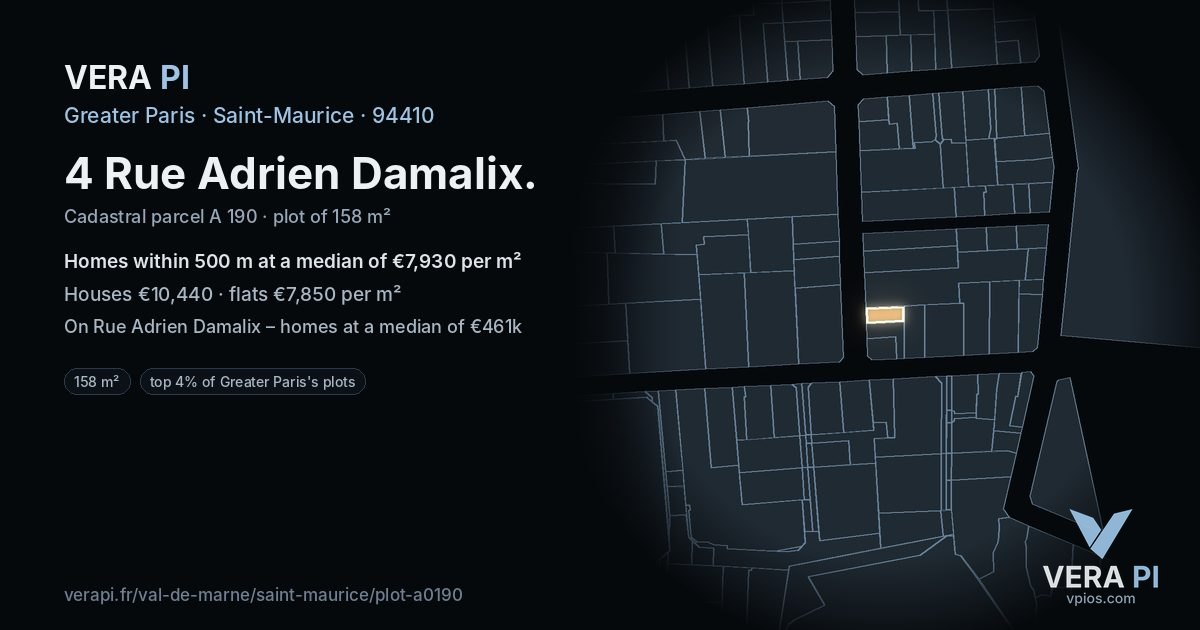 4 Rue Adrien Damalix, Saint-Maurice at night – the plot lit, the parcels around coloured by the prices near them