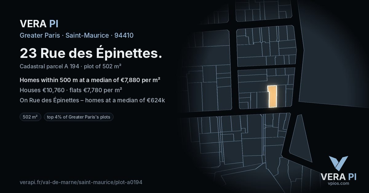 23 Rue des Épinettes, Saint-Maurice at night – the plot lit, the parcels around coloured by the prices near them