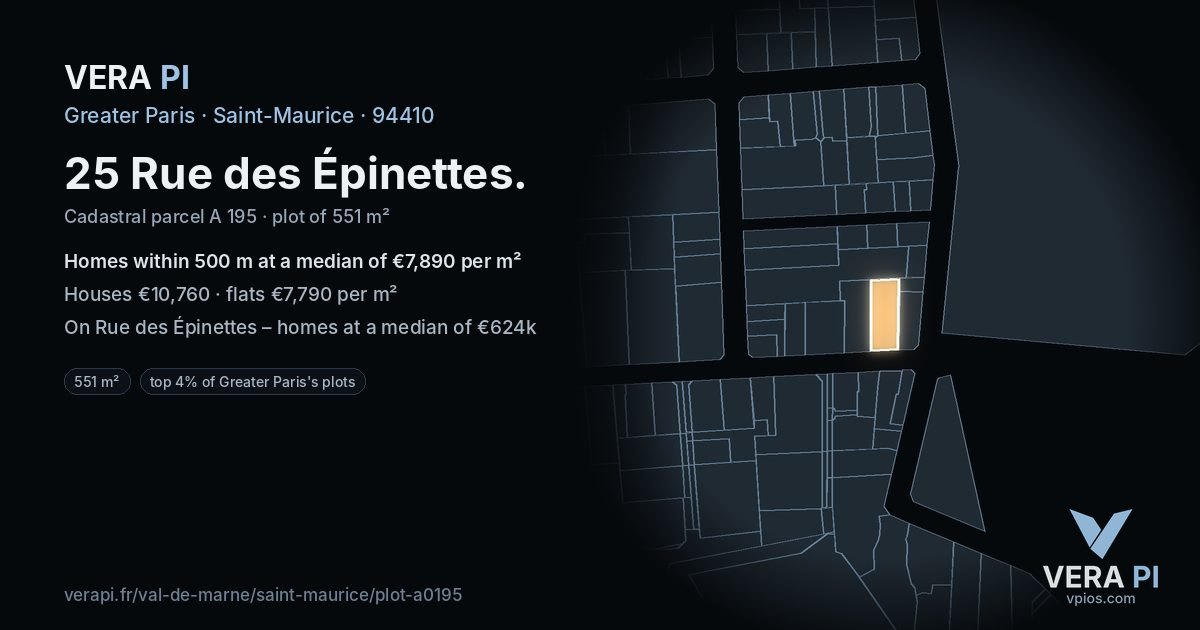 25 Rue des Épinettes, Saint-Maurice at night – the plot lit, the parcels around coloured by the prices near them