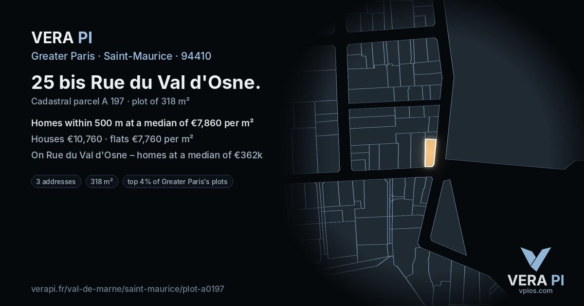 25 bis Rue du Val d'Osne, Saint-Maurice at night – the plot lit, the parcels around coloured by the prices near them