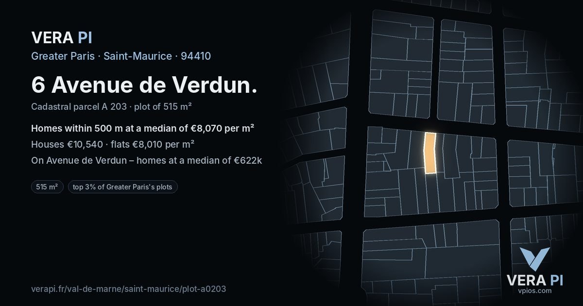 6 Avenue de Verdun, Saint-Maurice at night – the plot lit, the parcels around coloured by the prices near them