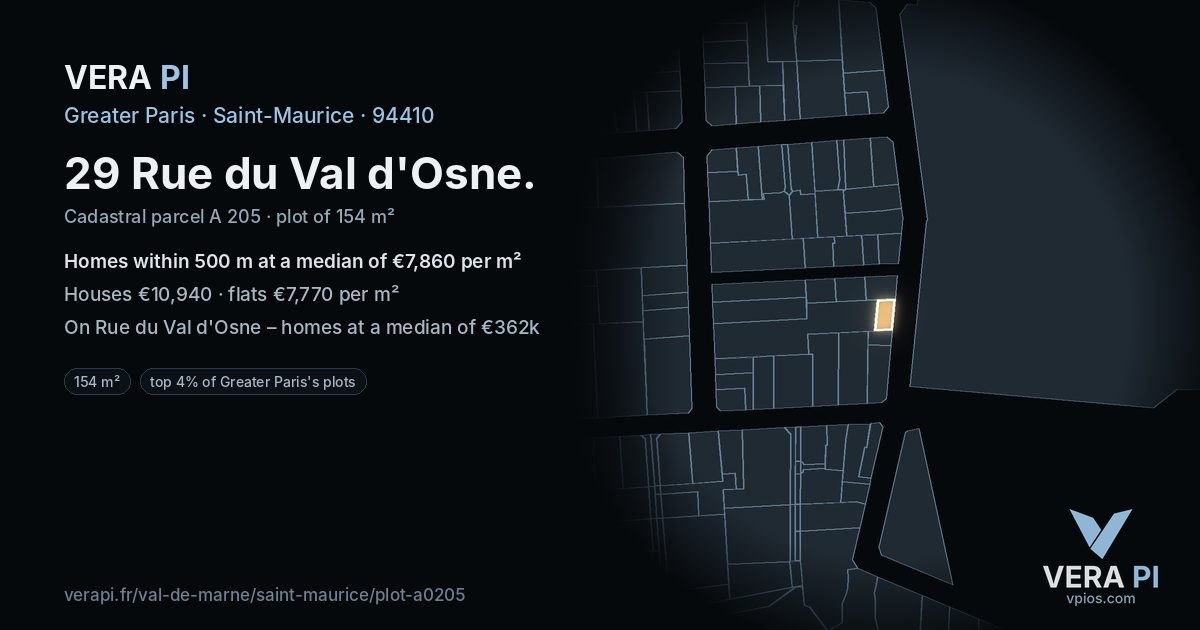 29 Rue du Val d'Osne, Saint-Maurice at night – the plot lit, the parcels around coloured by the prices near them