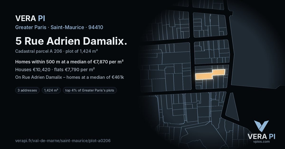 5 Rue Adrien Damalix, Saint-Maurice at night – the plot lit, the parcels around coloured by the prices near them