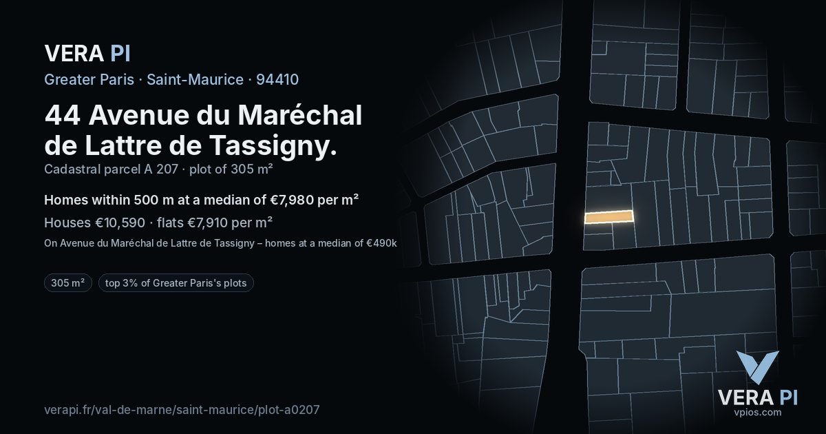 44 Avenue du Maréchal de Lattre de Tassigny, Saint-Maurice at night – the plot lit, the parcels around coloured by the prices near them
