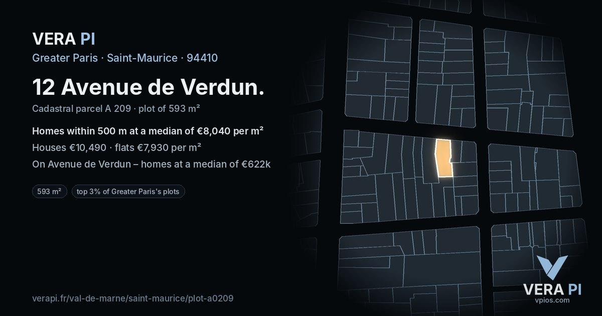 12 Avenue de Verdun, Saint-Maurice at night – the plot lit, the parcels around coloured by the prices near them