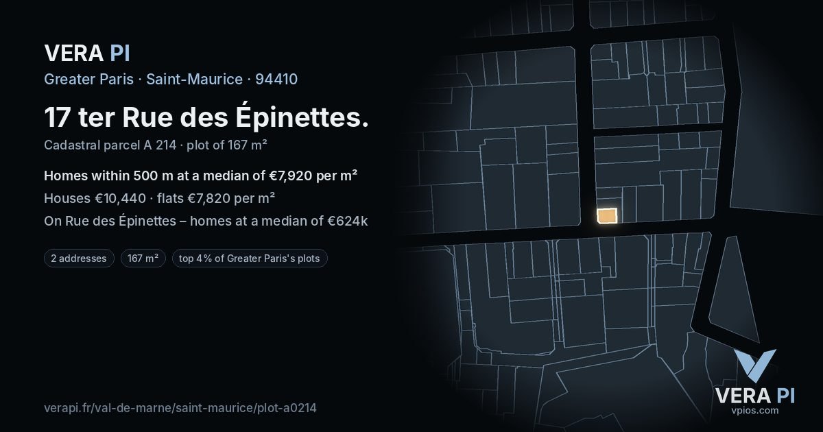 17 ter Rue des Épinettes, Saint-Maurice at night – the plot lit, the parcels around coloured by the prices near them