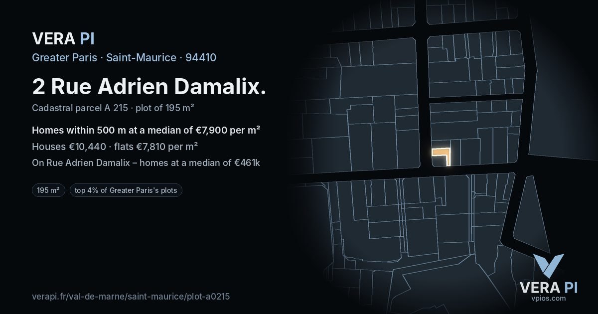 2 Rue Adrien Damalix, Saint-Maurice at night – the plot lit, the parcels around coloured by the prices near them