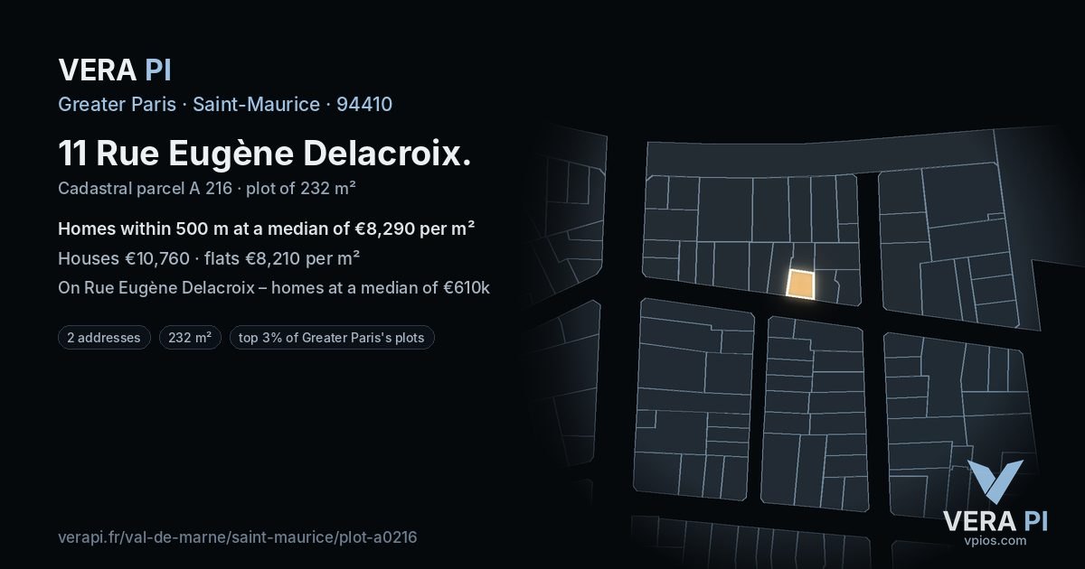 11 Rue Eugène Delacroix, Saint-Maurice at night – the plot lit, the parcels around coloured by the prices near them