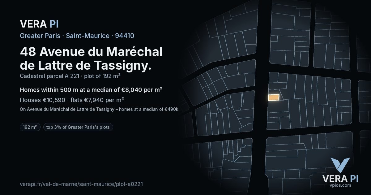 48 Avenue du Maréchal de Lattre de Tassigny, Saint-Maurice at night – the plot lit, the parcels around coloured by the prices near them