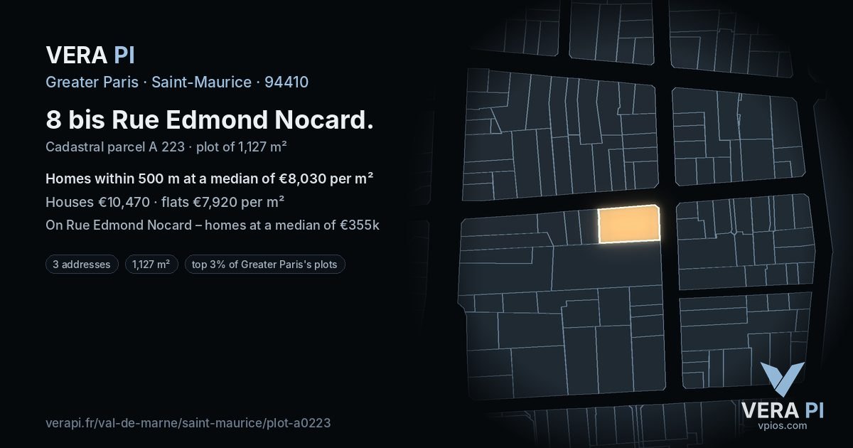 8 bis Rue Edmond Nocard, Saint-Maurice at night – the plot lit, the parcels around coloured by the prices near them