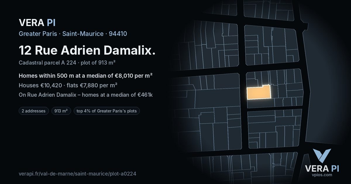 12 Rue Adrien Damalix, Saint-Maurice at night – the plot lit, the parcels around coloured by the prices near them