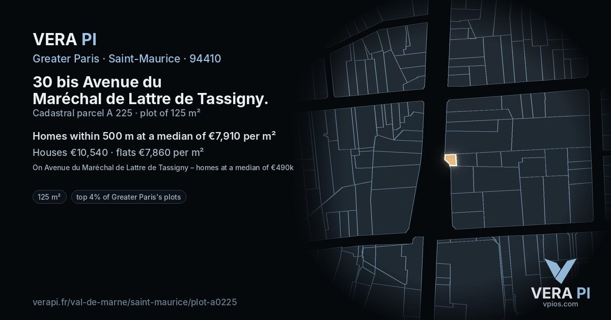 30 bis Avenue du Maréchal de Lattre de Tassigny, Saint-Maurice at night – the plot lit, the parcels around coloured by the prices near them