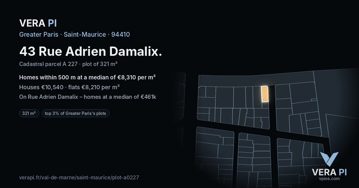 43 Rue Adrien Damalix, Saint-Maurice at night – the plot lit, the parcels around coloured by the prices near them