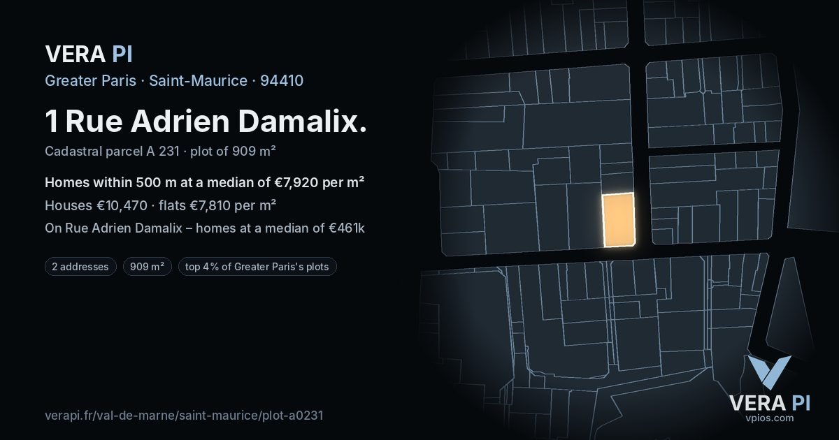 1 Rue Adrien Damalix, Saint-Maurice at night – the plot lit, the parcels around coloured by the prices near them